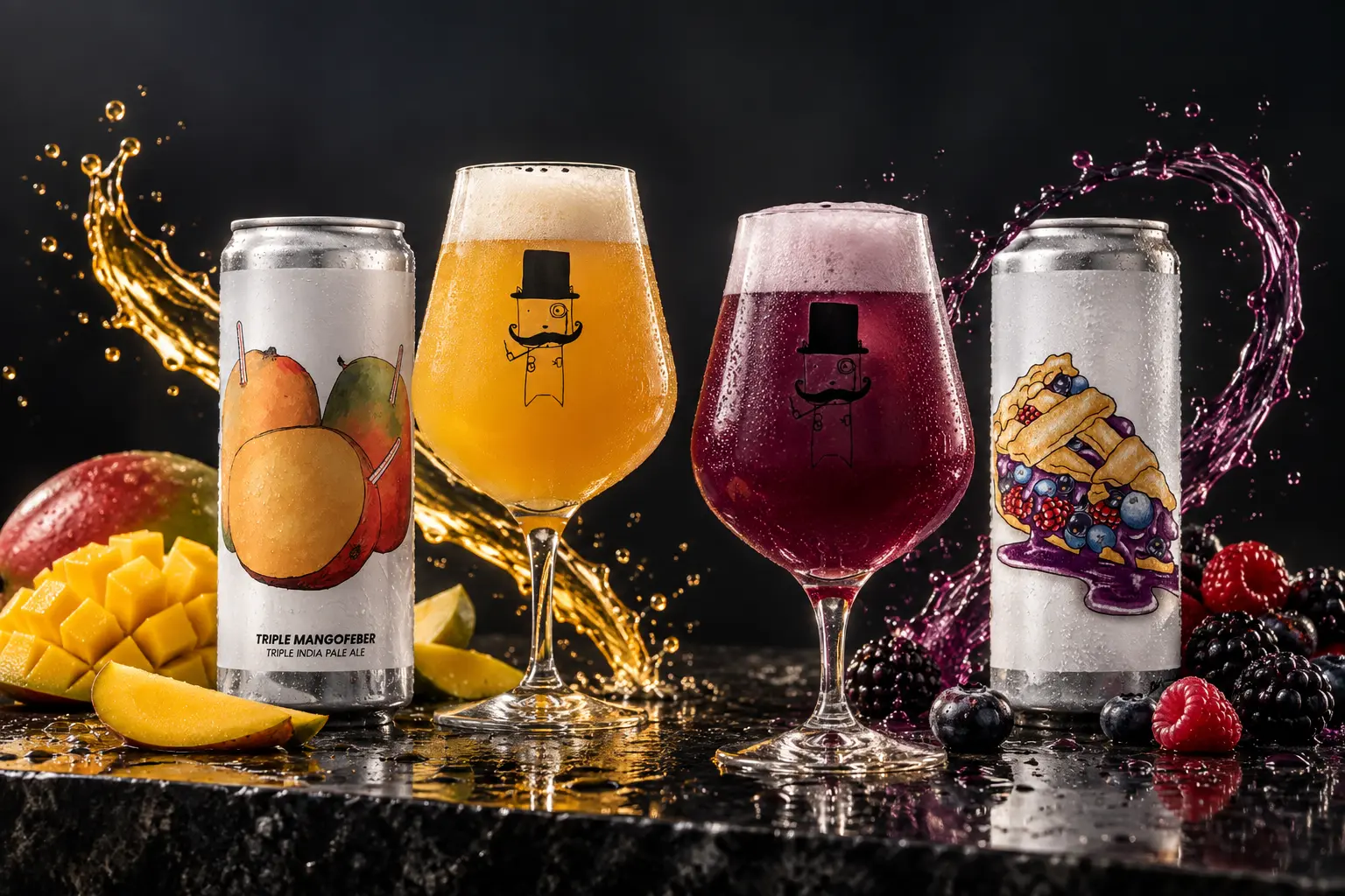Mangofeber DIPA och Triple Berry Pie med gyllene och lila öl i Brewski-glas, omgivna av mango, bär och stänk.